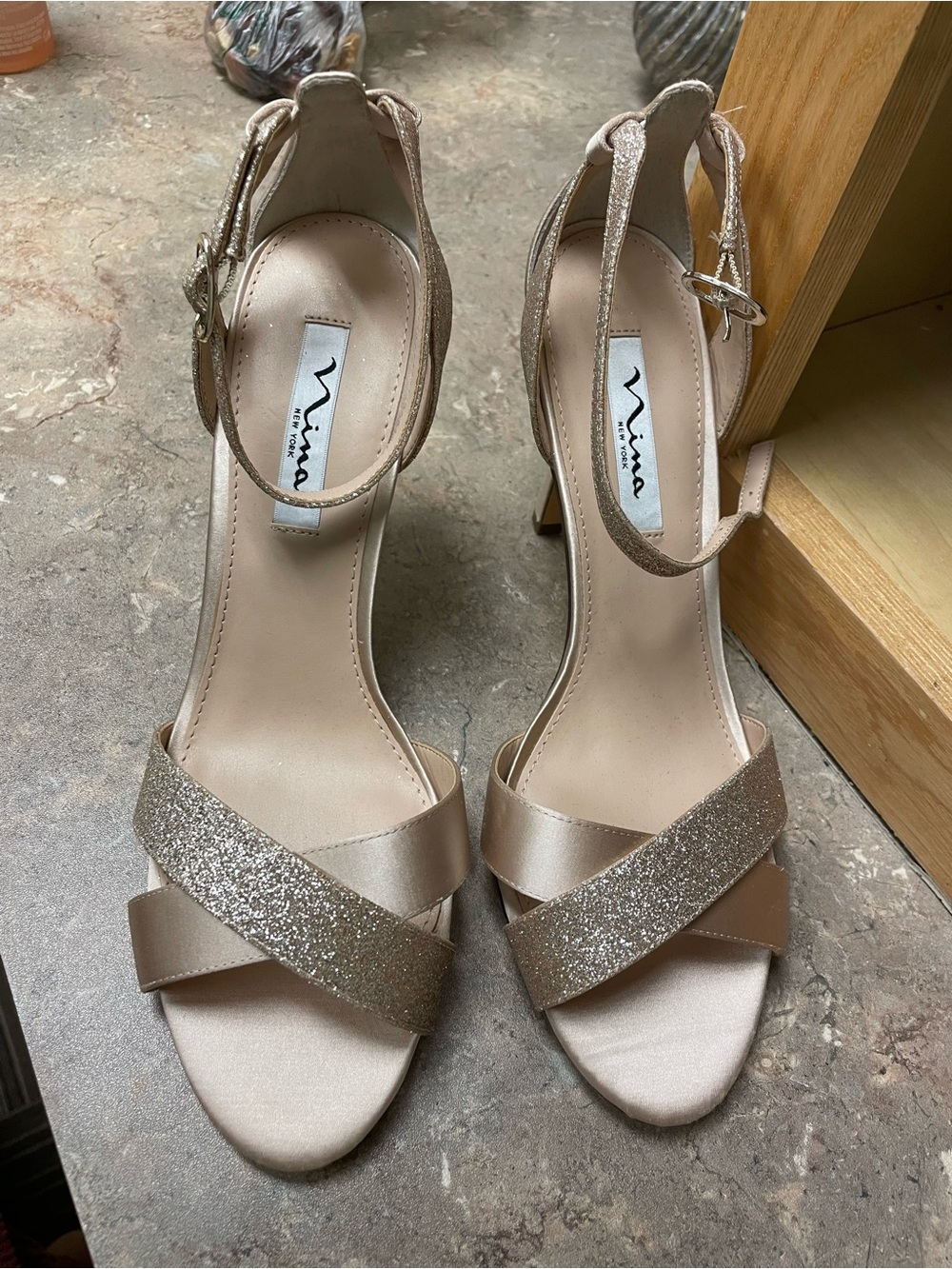 Nina New York Venus Crisscross Pearl Rose Glitter Ankle-Strap Heels size 10 - Picture 7 of 8